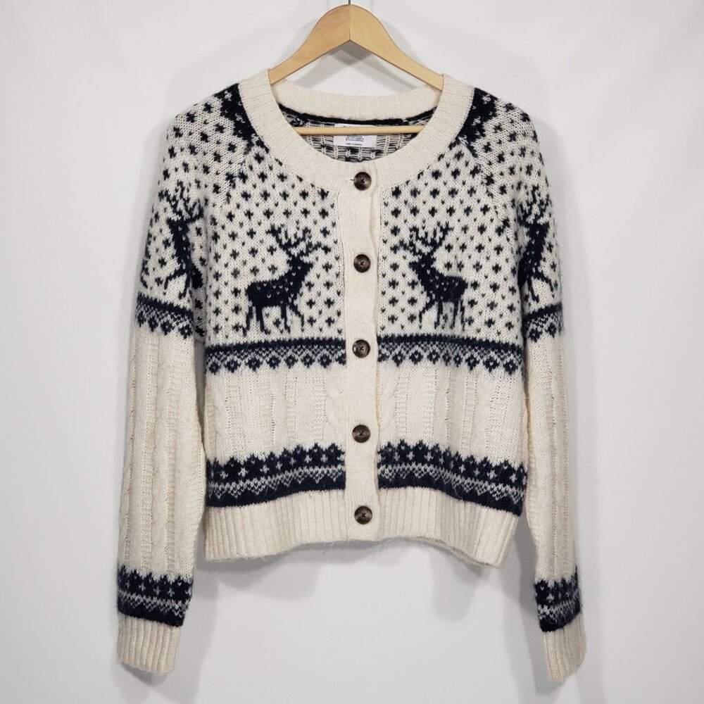 Old Navy Blue White Nordic Reindeer Cardigan Sweater Winter Holidays Medium